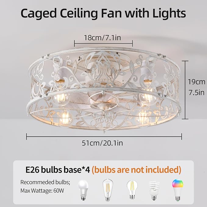 20" Caged Ceiling Fan With Light, Flush Mount Bladeless Fandelier With Remote, Small Low Profile for Bedroom, Kitchen, Dining