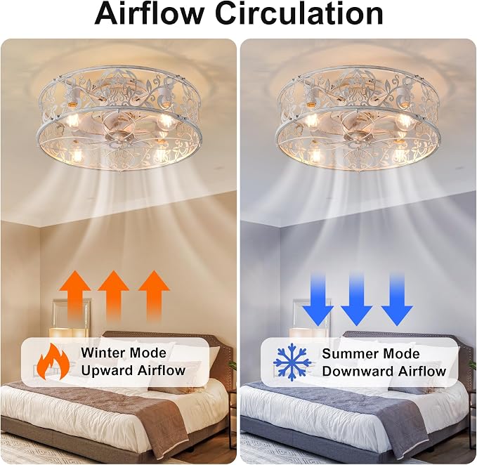 20" Caged Ceiling Fan With Light, Flush Mount Bladeless Fandelier With Remote, Small Low Profile for Bedroom, Kitchen, Dining