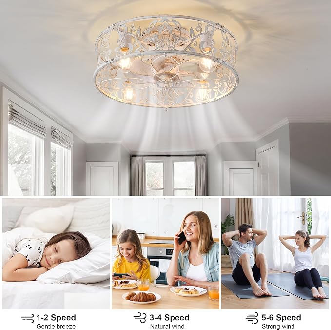 20" Caged Ceiling Fan With Light, Flush Mount Bladeless Fandelier With Remote, Small Low Profile for Bedroom, Kitchen, Dining