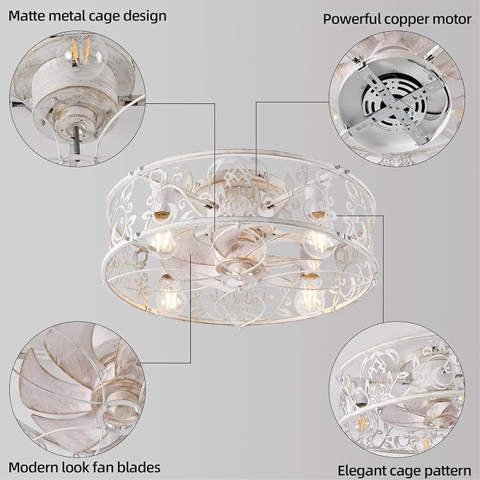 20" Caged Ceiling Fan With Light, Flush Mount Bladeless Fandelier With Remote, Small Low Profile for Bedroom, Kitchen, Dining