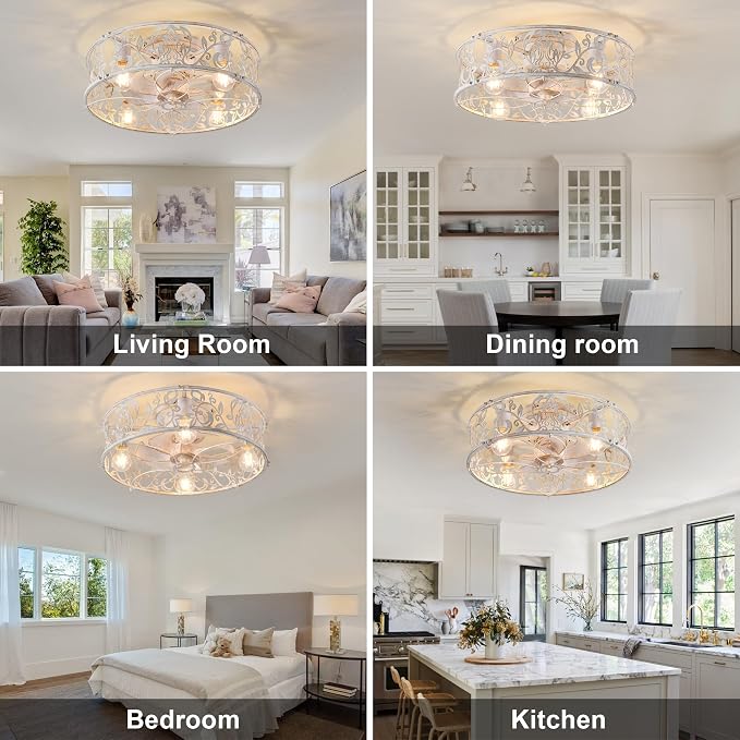 20" Caged Ceiling Fan With Light, Flush Mount Bladeless Fandelier With Remote, Small Low Profile for Bedroom, Kitchen, Dining