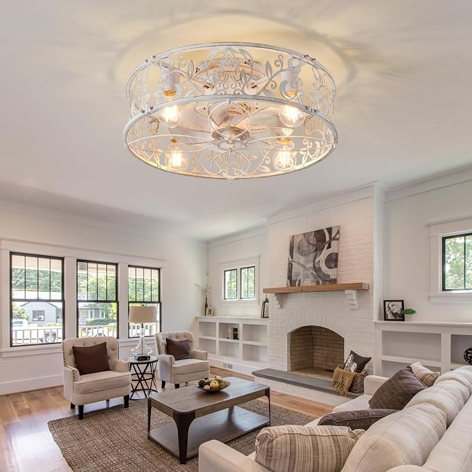 20" Caged Ceiling Fan With Light, Flush Mount Bladeless Fandelier With Remote, Small Low Profile for Bedroom, Kitchen, Dining