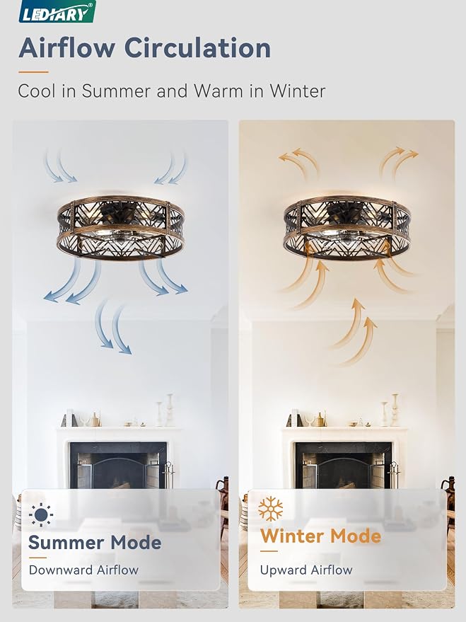 20" Caged Ceiling Fan with Light, Small Flush Mount, App&Remote Control, Low Profile Bladeless Fan Light Fixture 6 Speed