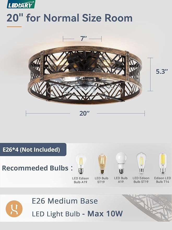 20" Caged Ceiling Fan with Light, Small Flush Mount, App&Remote Control, Low Profile Bladeless Fan Light Fixture 6 Speed