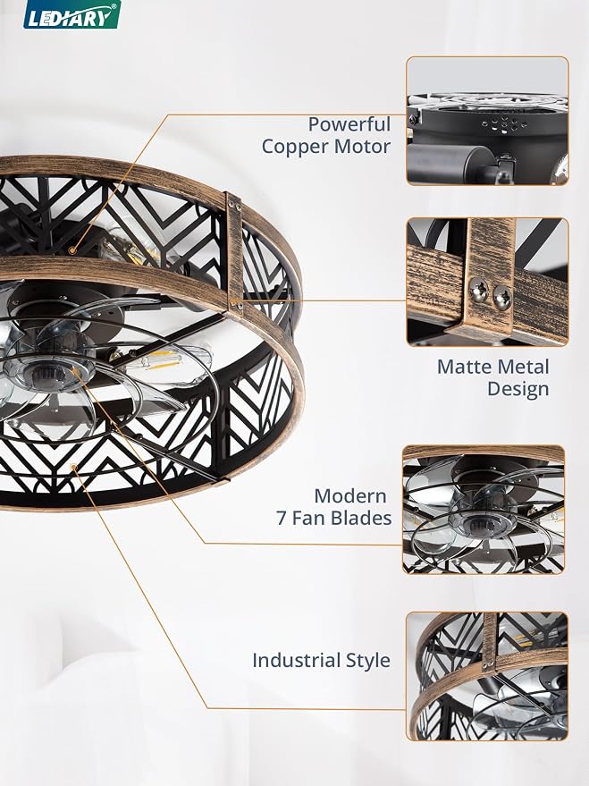 20" Caged Ceiling Fan with Light, Small Flush Mount, App&Remote Control, Low Profile Bladeless Fan Light Fixture 6 Speed