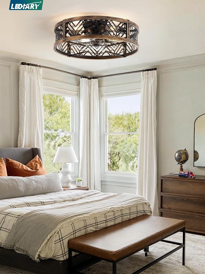 20" Caged Ceiling Fan with Light, Small Flush Mount, App&Remote Control, Low Profile Bladeless Fan Light Fixture 6 Speed