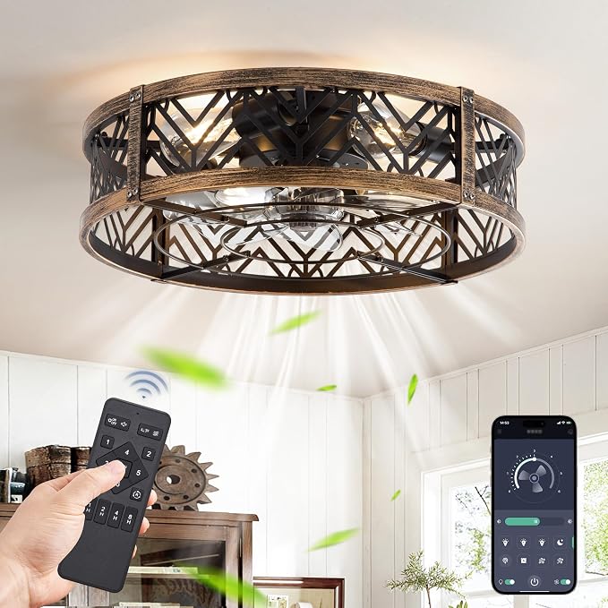 20" Caged Ceiling Fan with Light, Small Flush Mount, App&Remote Control, Low Profile Bladeless Fan Light Fixture 6 Speed