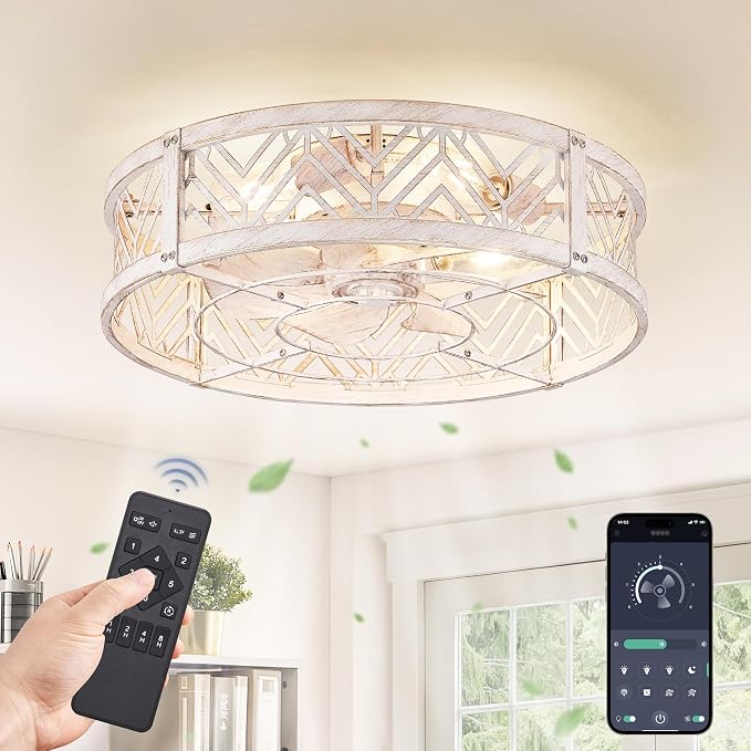 20" Caged Ceiling Fan with Light, Small Flush Mount Ceiling Fan with App&Remote, Low Profile Bladeless Ceiling Fan Light