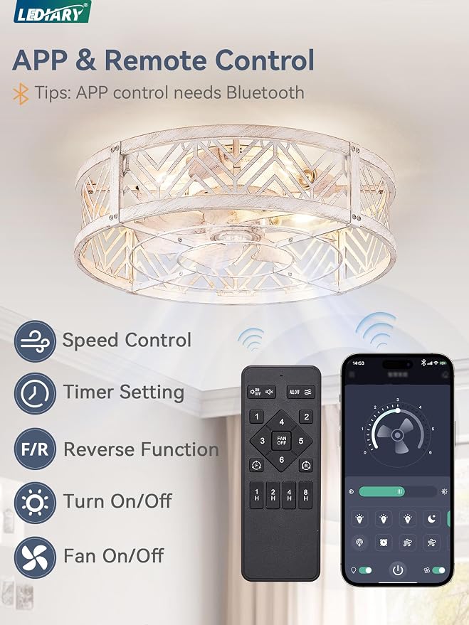 20" Caged Ceiling Fan with Light, Small Flush Mount Ceiling Fan with App&Remote, Low Profile Bladeless Ceiling Fan Light