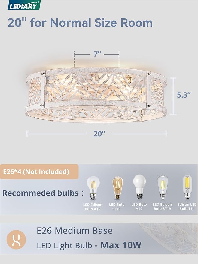 20" Caged Ceiling Fan with Light, Small Flush Mount Ceiling Fan with App&Remote, Low Profile Bladeless Ceiling Fan Light