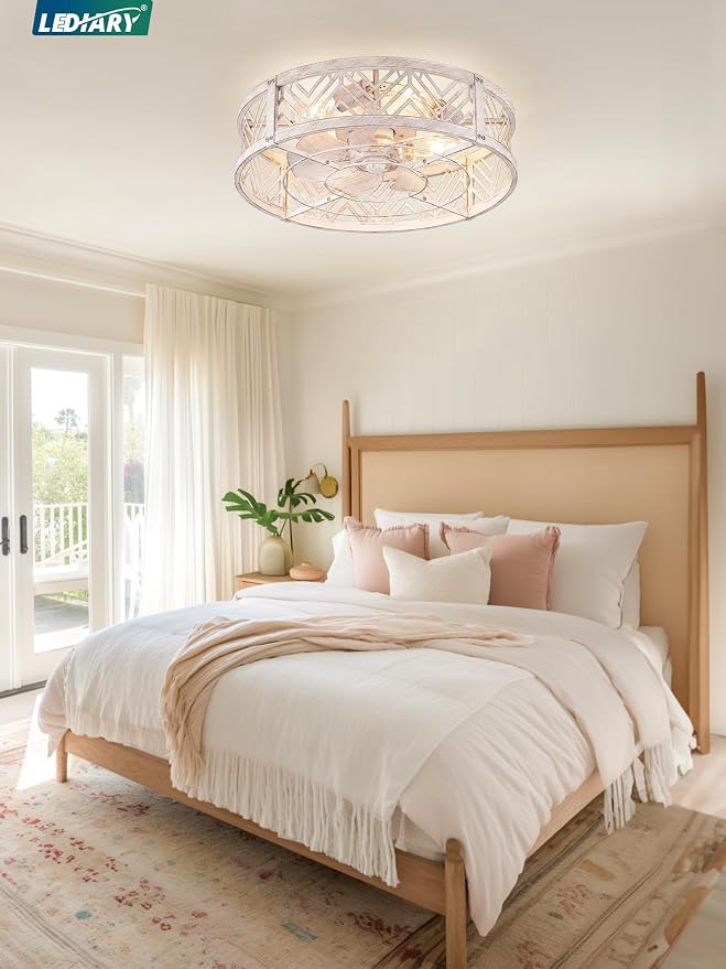 20" Caged Ceiling Fan with Light, Small Flush Mount Ceiling Fan with App&Remote, Low Profile Bladeless Ceiling Fan Light