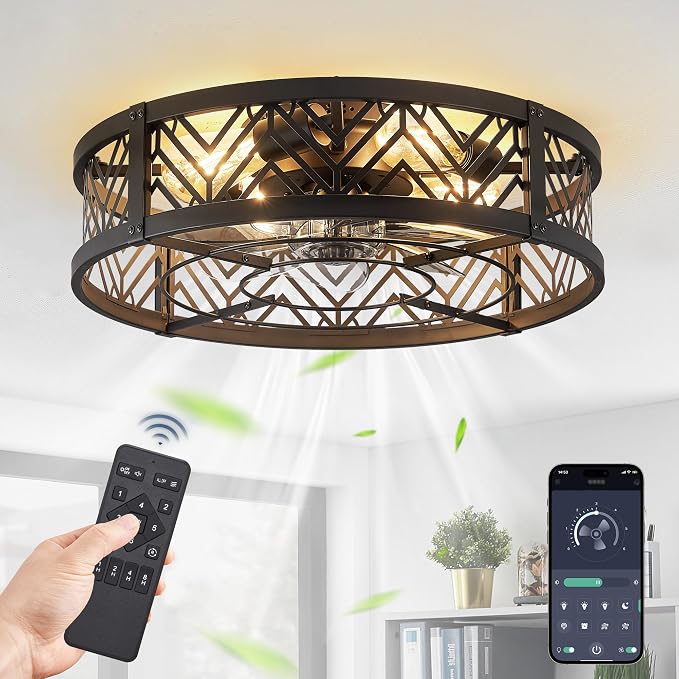 20" Caged Ceiling Fan with Light, Small Flush Mount Ceiling Fan with App&Remote, Low Profile Bladeless Ceiling Fan for