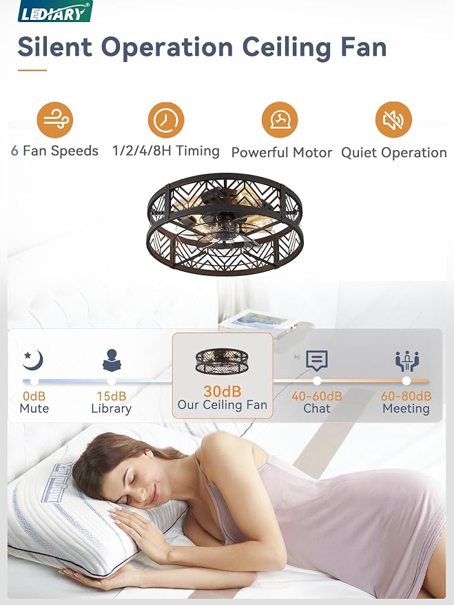 20" Caged Ceiling Fan with Light, Small Flush Mount Ceiling Fan with App&Remote, Low Profile Bladeless Ceiling Fan for
