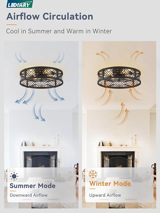 20" Caged Ceiling Fan with Light, Small Flush Mount Ceiling Fan with App&Remote, Low Profile Bladeless Ceiling Fan for