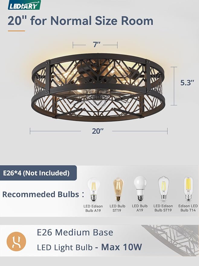 20" Caged Ceiling Fan with Light, Small Flush Mount Ceiling Fan with App&Remote, Low Profile Bladeless Ceiling Fan for