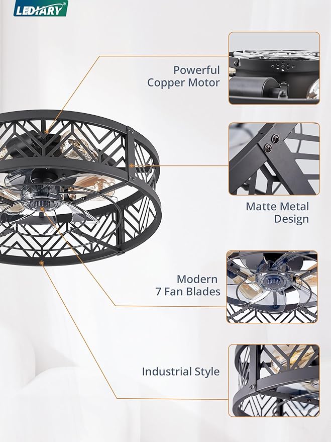 20" Caged Ceiling Fan with Light, Small Flush Mount Ceiling Fan with App&Remote, Low Profile Bladeless Ceiling Fan for