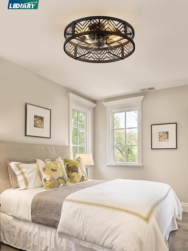 20" Caged Ceiling Fan with Light, Small Flush Mount Ceiling Fan with App&Remote, Low Profile Bladeless Ceiling Fan for