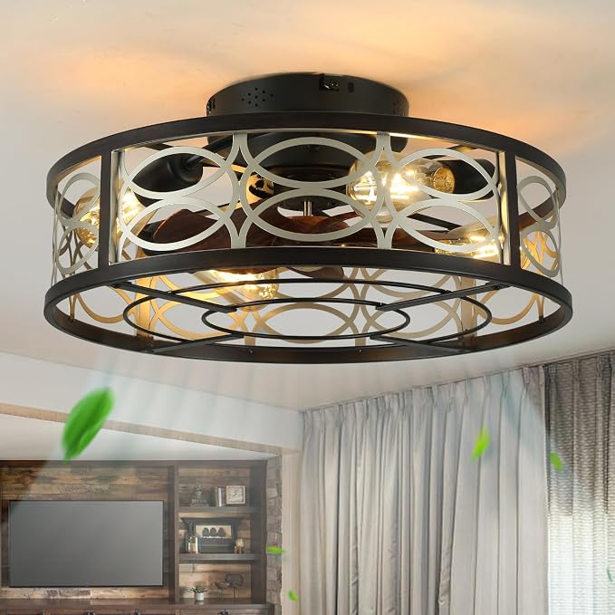 20" Caged Ceiling Fans with Lights and Remote, Bladeless Ceiling Fan 6 Speed Reversible with 4 Bulbs and Remote Control,Flush