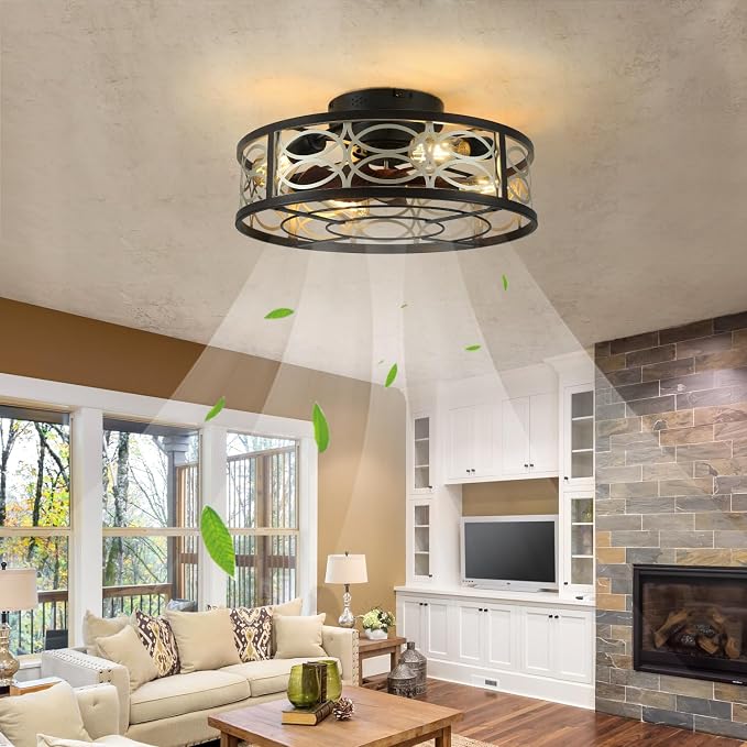 20" Caged Ceiling Fans with Lights and Remote, Bladeless Ceiling Fan 6 Speed Reversible with 4 Bulbs and Remote Control,Flush