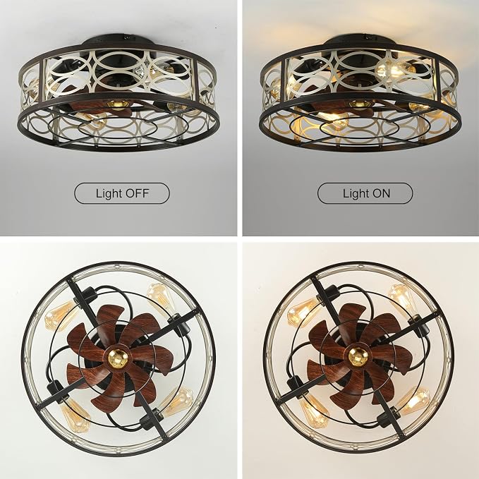 20" Caged Ceiling Fans with Lights and Remote, Bladeless Ceiling Fan 6 Speed Reversible with 4 Bulbs and Remote Control,Flush