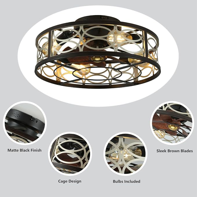 20" Caged Ceiling Fans with Lights and Remote, Bladeless Ceiling Fan 6 Speed Reversible with 4 Bulbs and Remote Control,Flush