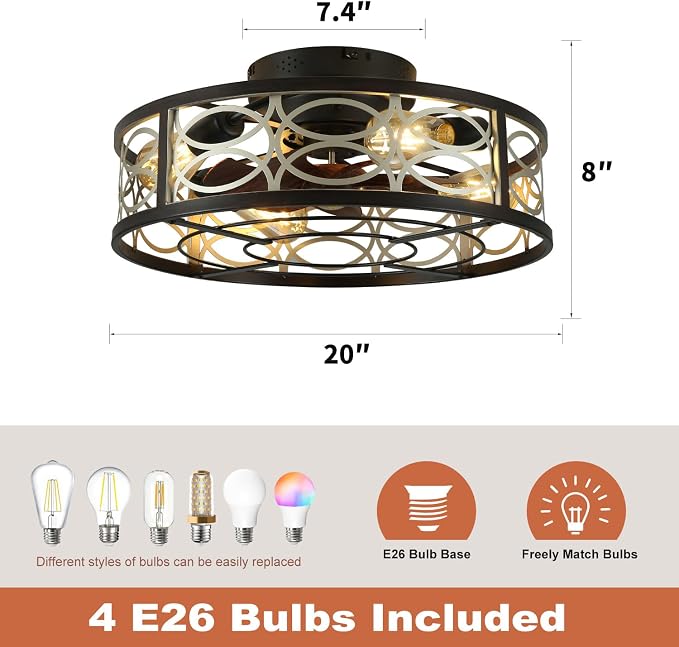 20" Caged Ceiling Fans with Lights and Remote, Bladeless Ceiling Fan 6 Speed Reversible with 4 Bulbs and Remote Control,Flush