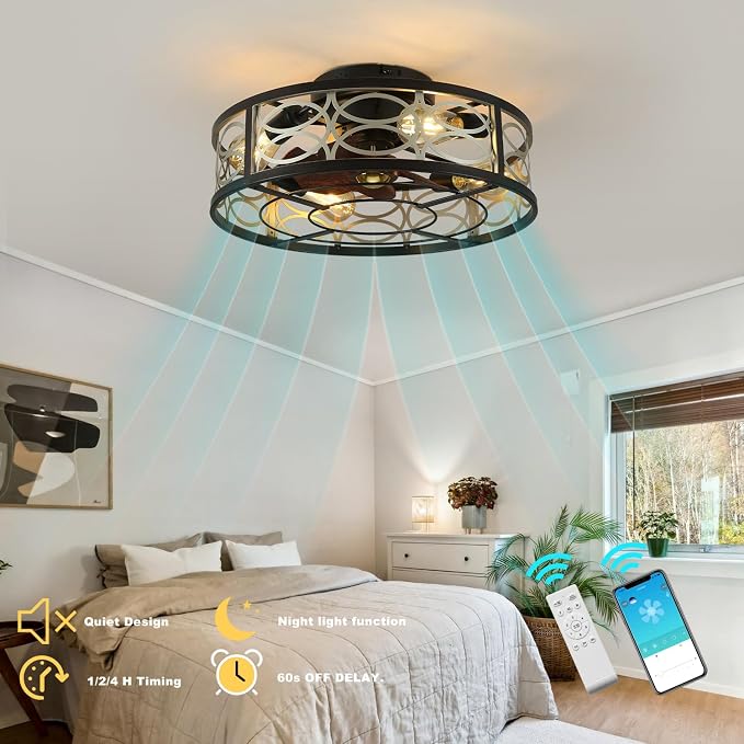 20" Caged Ceiling Fans with Lights and Remote, Bladeless Ceiling Fan 6 Speed Reversible with 4 Bulbs and Remote Control,Flush