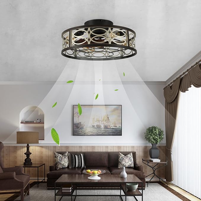 20" Caged Ceiling Fans with Lights and Remote, Bladeless Ceiling Fan 6 Speed Reversible with 4 Bulbs and Remote Control,Flush