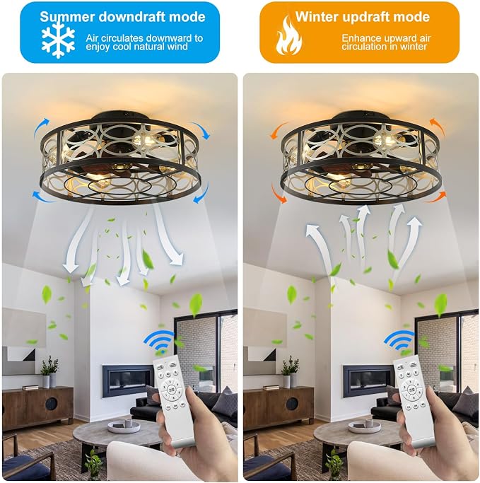 20" Caged Ceiling Fans with Lights and Remote, Bladeless Ceiling Fan 6 Speed Reversible with 4 Bulbs and Remote Control,Flush