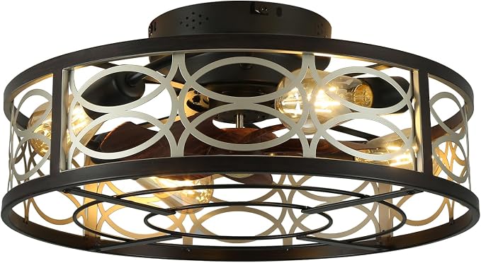 20" Caged Ceiling Fans with Lights and Remote, Bladeless Ceiling Fan 6 Speed Reversible with 4 Bulbs and Remote Control,Flush