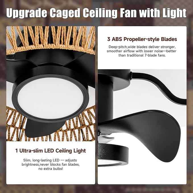 20" Caged Ceiling Fans with Lights and Remote, Fandelier Ceiling Fan with Light, Flush Mount Low Profile, alternate view 3