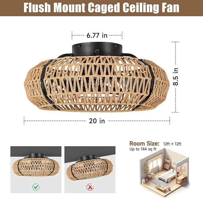 20" Caged Ceiling Fans with Lights and Remote, Fandelier Ceiling Fan with Light, Flush Mount Low Profile, alternate view 7