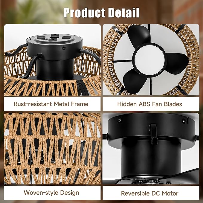 20" Caged Ceiling Fans with Lights and Remote, Fandelier Ceiling Fan with Light, Flush Mount Low Profile, alternate view 8