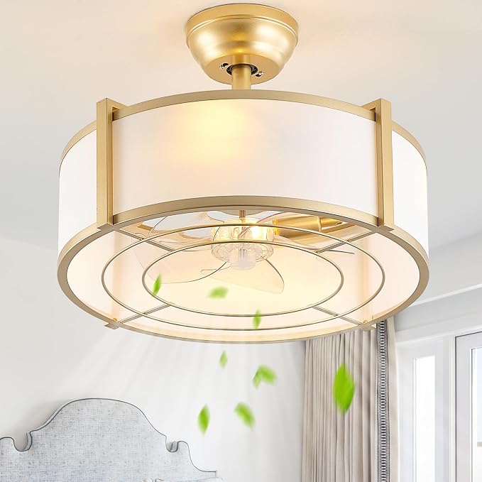 20" Caged Ceiling Fans with Lights, Gold Fandelier Ceiling Fan with Light, Boho Chandelier Fan Remote Control, 6 Speeds for