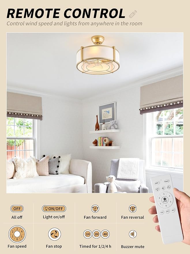 20" Caged Ceiling Fans with Lights, Gold Fandelier Ceiling Fan with Light, Boho Chandelier Fan Remote Control, 6 Speeds for