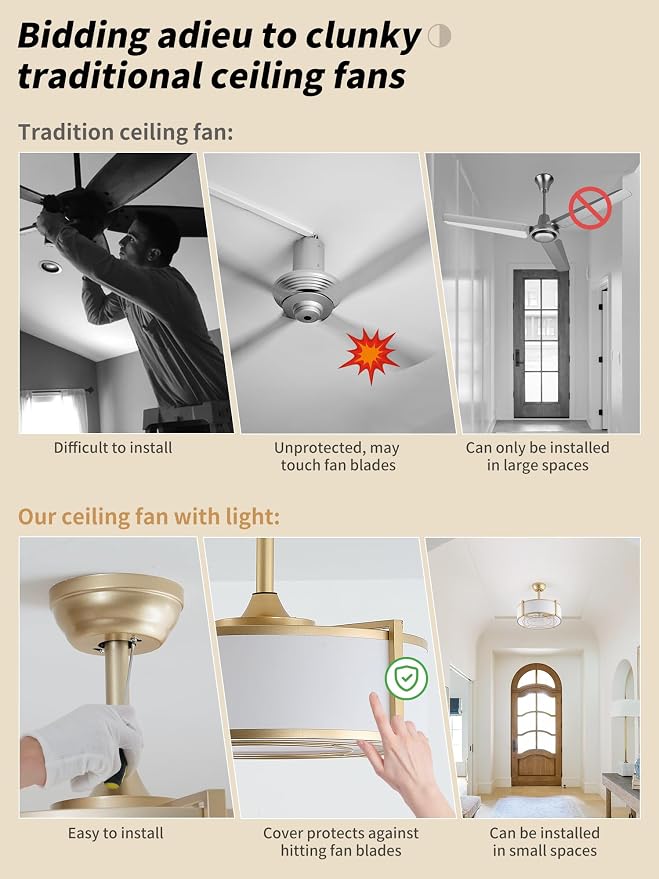 20" Caged Ceiling Fans with Lights, Gold Fandelier Ceiling Fan with Light, Boho Chandelier Fan Remote Control, 6 Speeds for