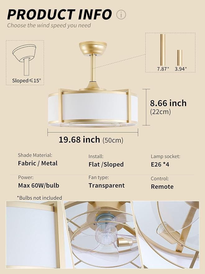20" Caged Ceiling Fans with Lights, Gold Fandelier Ceiling Fan with Light, Boho Chandelier Fan Remote Control, 6 Speeds for