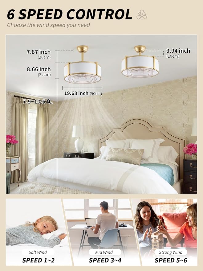 20" Caged Ceiling Fans with Lights, Gold Fandelier Ceiling Fan with Light, Boho Chandelier Fan Remote Control, 6 Speeds for