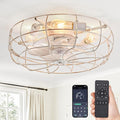 20" Caged Ceiling Fans with Lights, White Flush Mount Low Profile Ceiling Fan with Remote, Small Modern Farmhouse Industrial