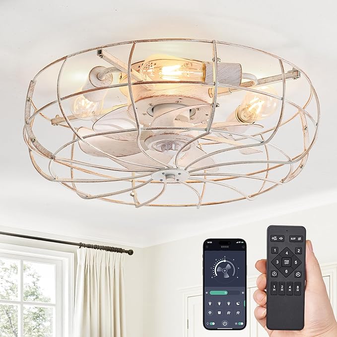 20" Caged Ceiling Fans with Lights, White Flush Mount Low Profile Ceiling Fan with Remote, Small Modern Farmhouse Industrial