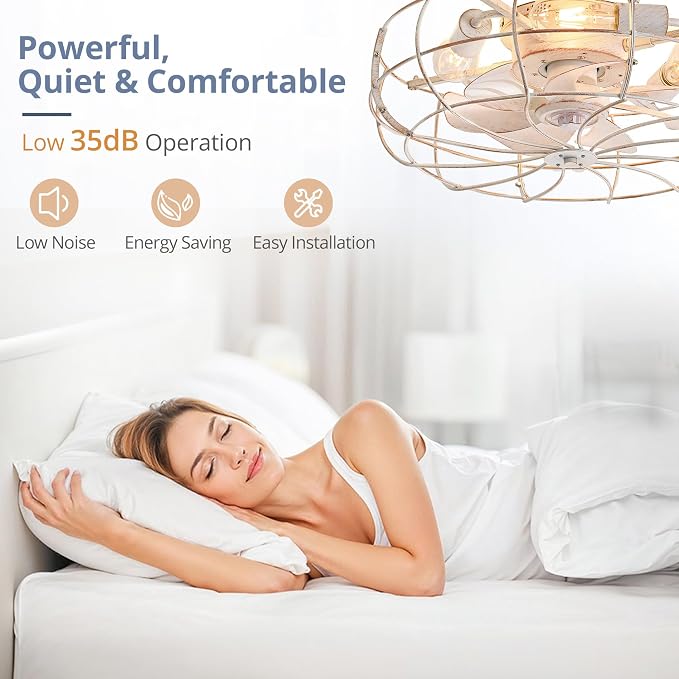 20" Caged Ceiling Fans with Lights, White Flush Mount Low Profile Ceiling Fan with Remote, Small Modern Farmhouse Industrial