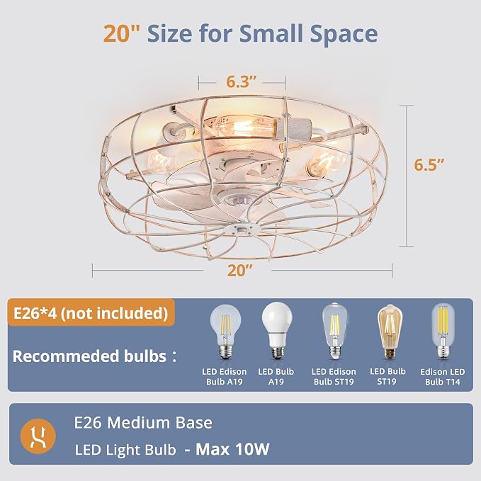 20" Caged Ceiling Fans with Lights, White Flush Mount Low Profile Ceiling Fan with Remote, Small Modern Farmhouse Industrial