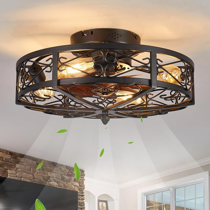20" Caged Farmhouse Flush Mount Ceiling Fan with Light and Remote Control Bladeless Low Profile Ceiling Fans with Lights