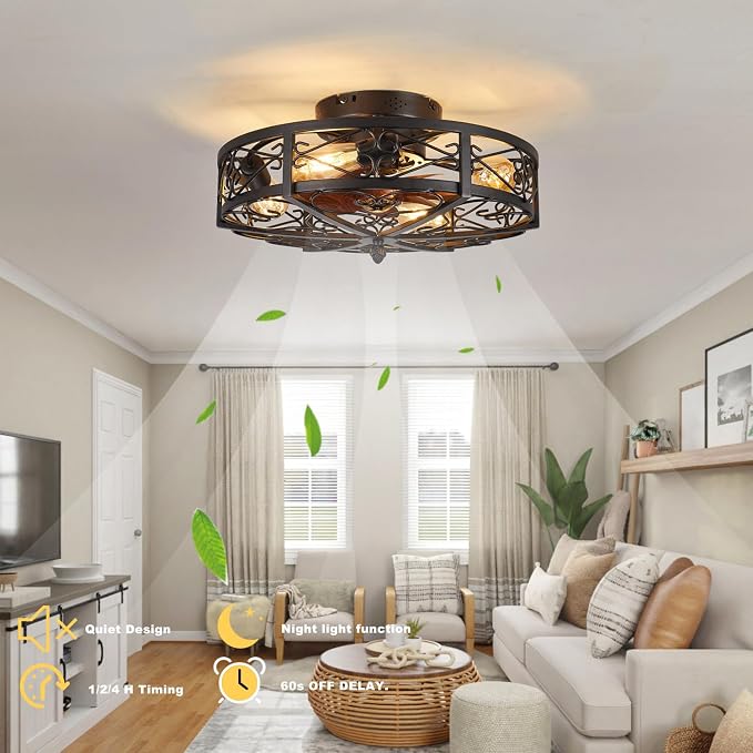 20" Caged Farmhouse Flush Mount Ceiling Fan with Light and Remote Control Bladeless Low Profile Ceiling Fans with Lights