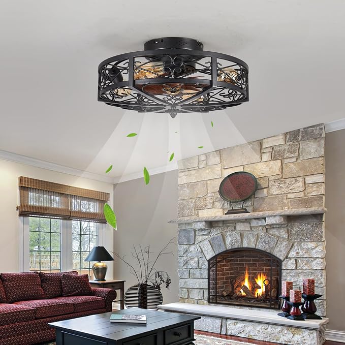 20" Caged Farmhouse Flush Mount Ceiling Fan with Light and Remote Control Bladeless Low Profile Ceiling Fans with Lights