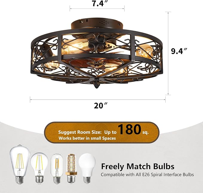 20" Caged Farmhouse Flush Mount Ceiling Fan with Light and Remote Control Bladeless Low Profile Ceiling Fans with Lights