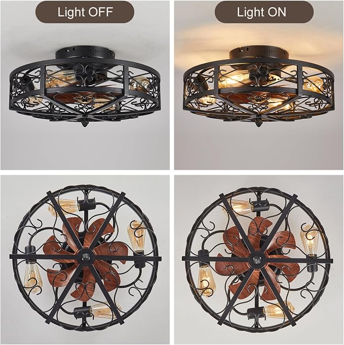20" Caged Farmhouse Flush Mount Ceiling Fan with Light and Remote Control Bladeless Low Profile Ceiling Fans with Lights