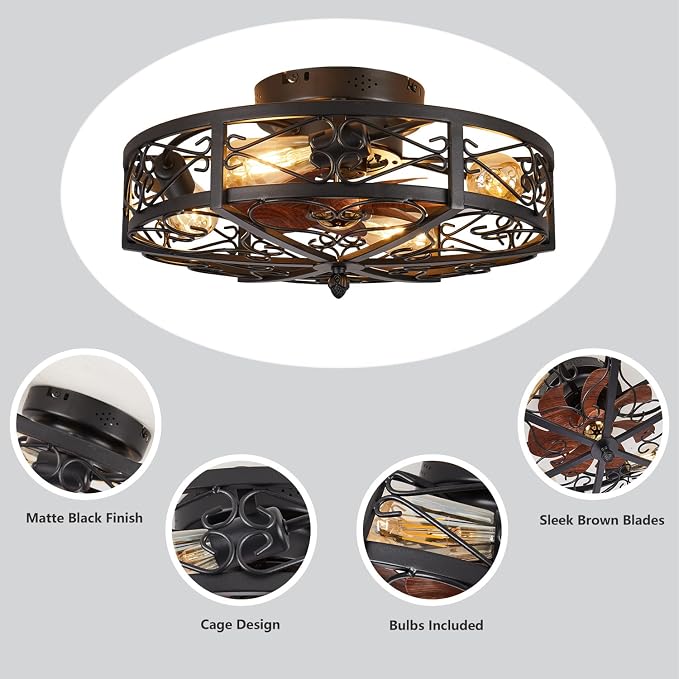 20" Caged Farmhouse Flush Mount Ceiling Fan with Light and Remote Control Bladeless Low Profile Ceiling Fans with Lights