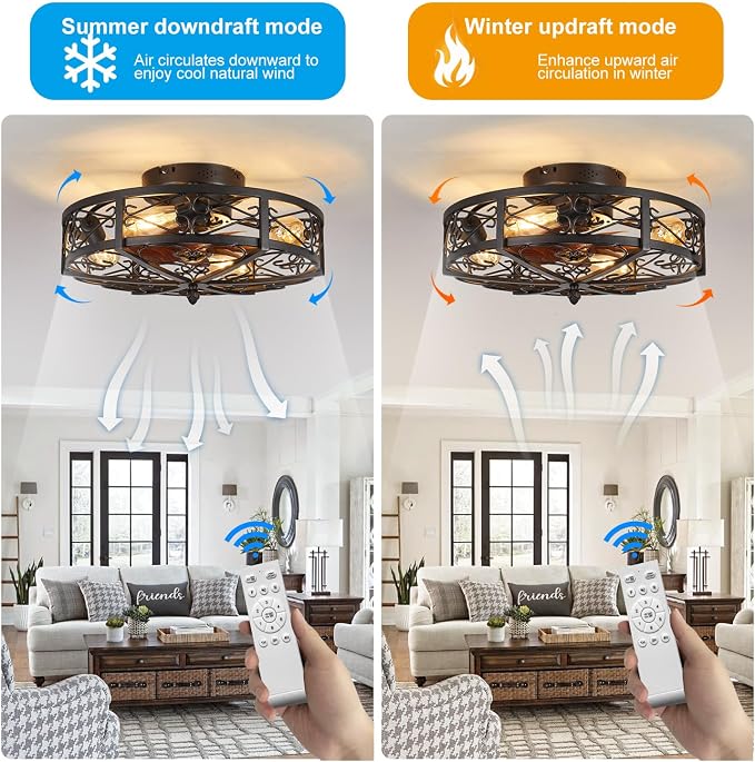 20" Caged Farmhouse Flush Mount Ceiling Fan with Light and Remote Control Bladeless Low Profile Ceiling Fans with Lights