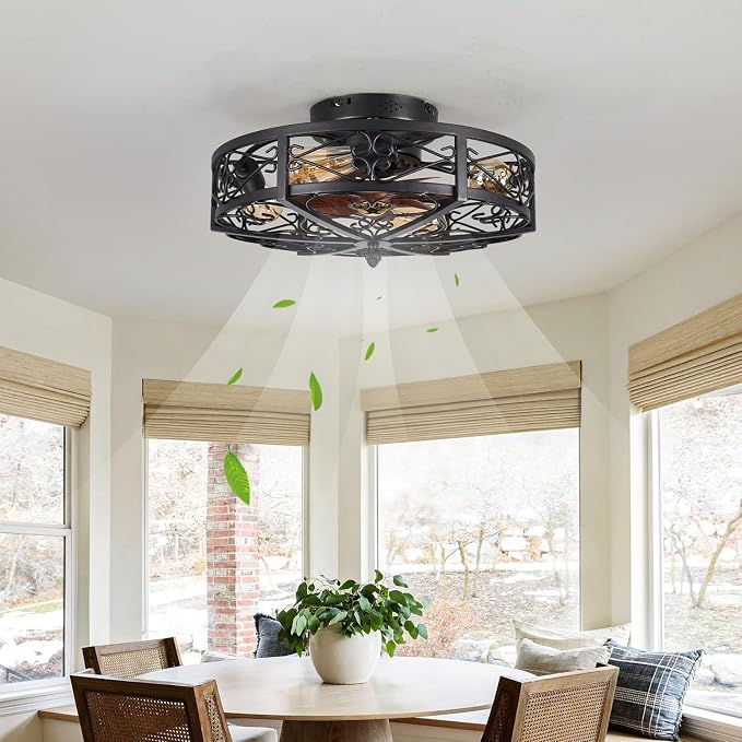 20" Caged Farmhouse Flush Mount Ceiling Fan with Light and Remote Control Bladeless Low Profile Ceiling Fans with Lights